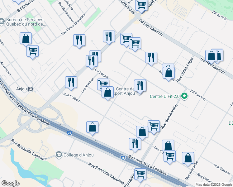 map of restaurants, bars, coffee shops, grocery stores, and more near 8075 Rue Larrey in Montréal