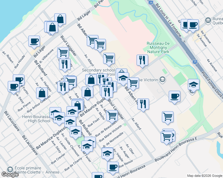 map of restaurants, bars, coffee shops, grocery stores, and more near 6745 Boulevard Maurice-Duplessis in Montrã©Al