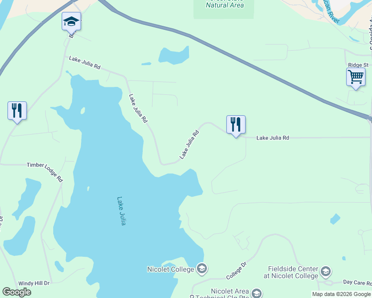 map of restaurants, bars, coffee shops, grocery stores, and more near 5415 Lake Julia Road in Rhinelander