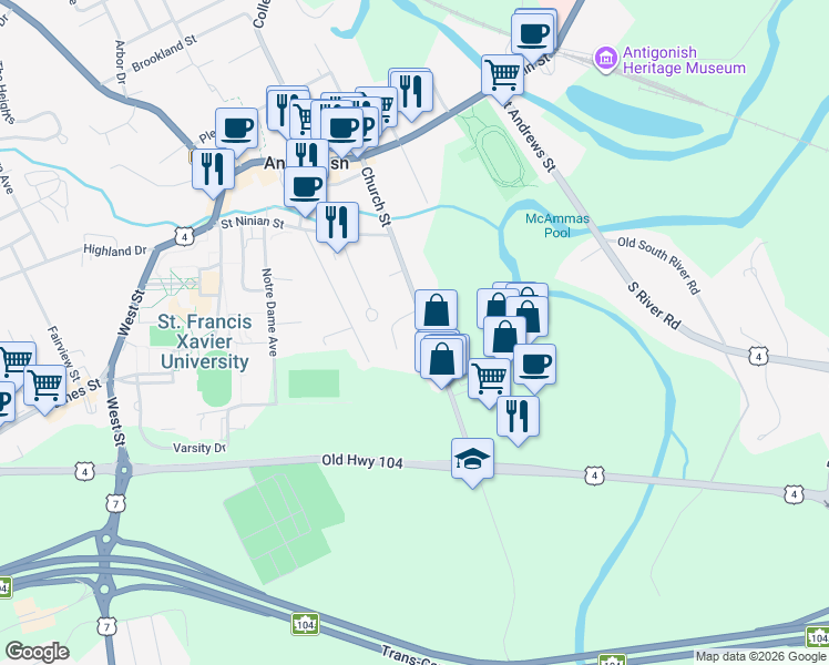 map of restaurants, bars, coffee shops, grocery stores, and more near 108 Church Street in Antigonish