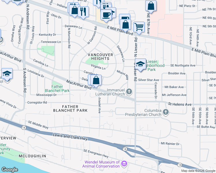 map of restaurants, bars, coffee shops, grocery stores, and more near 7527 Delaware Lane in Vancouver