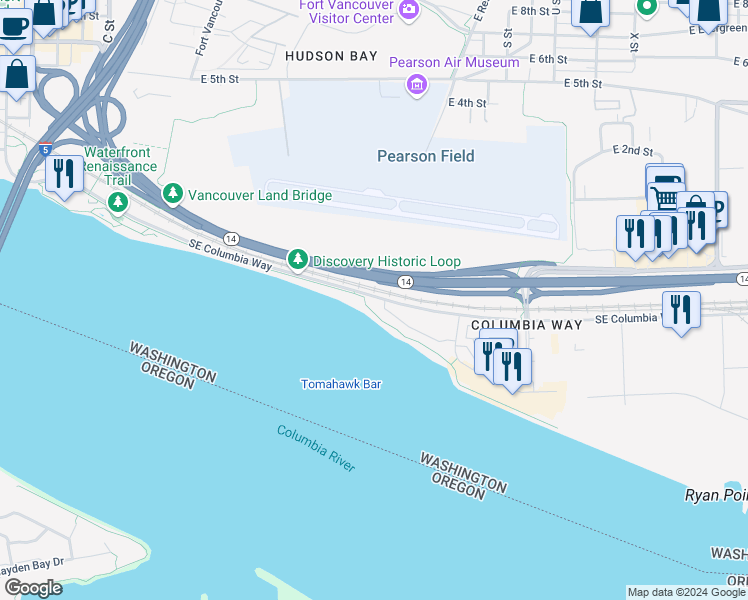 map of restaurants, bars, coffee shops, grocery stores, and more near 1405 Southeast Columbia Way in Vancouver