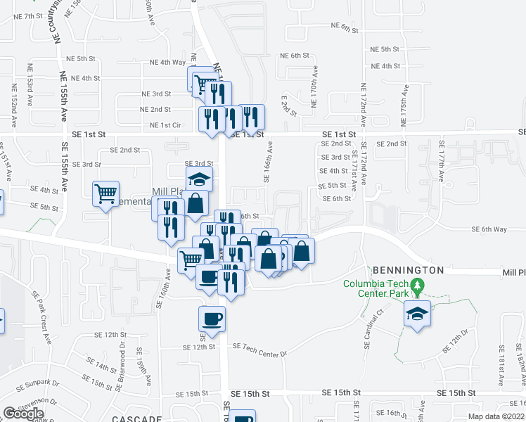 map of restaurants, bars, coffee shops, grocery stores, and more near 16520 Southeast Mill Plain Boulevard in Vancouver