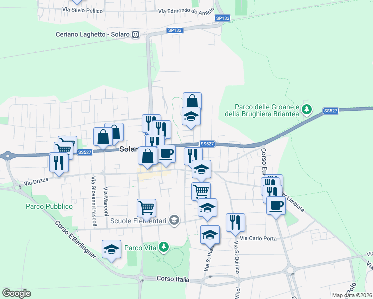 map of restaurants, bars, coffee shops, grocery stores, and more near 17 Via Colombo in Solaro
