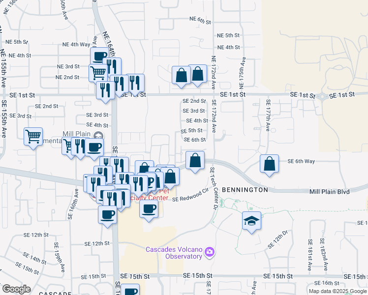map of restaurants, bars, coffee shops, grocery stores, and more near 16915 Southeast 6th Street in Vancouver