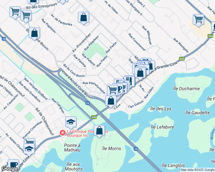 map of restaurants, bars, coffee shops, grocery stores, and more near 6e Avenue in Boisbriand