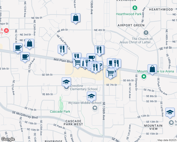 map of restaurants, bars, coffee shops, grocery stores, and more near 13411 SE Mill Plain Blvd in Vancouver