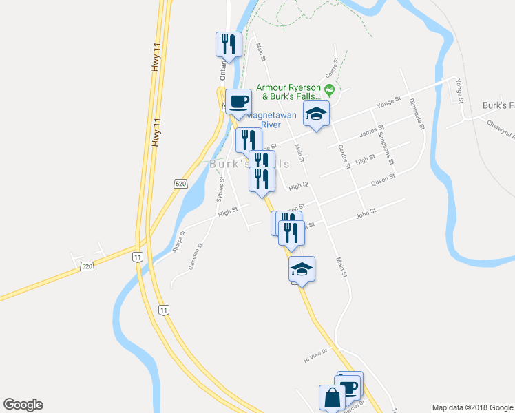 map of restaurants, bars, coffee shops, grocery stores, and more near 372 High Street in Burk's Falls