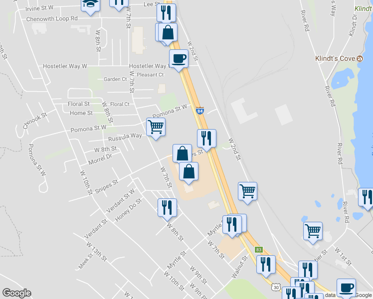 map of restaurants, bars, coffee shops, grocery stores, and more near 725 Snipes Street in The Dalles