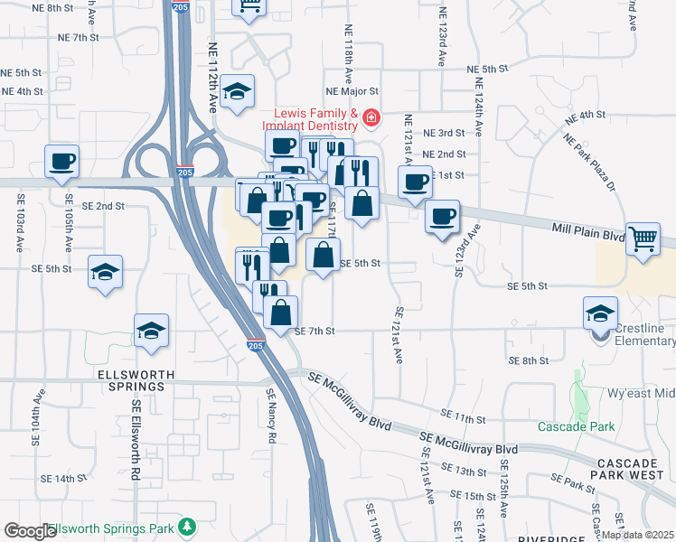 map of restaurants, bars, coffee shops, grocery stores, and more near 415 Southeast 117th Avenue in Vancouver