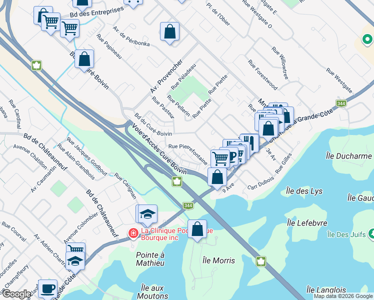 map of restaurants, bars, coffee shops, grocery stores, and more near 246 Rue de Pierrefontaine in Boisbriand