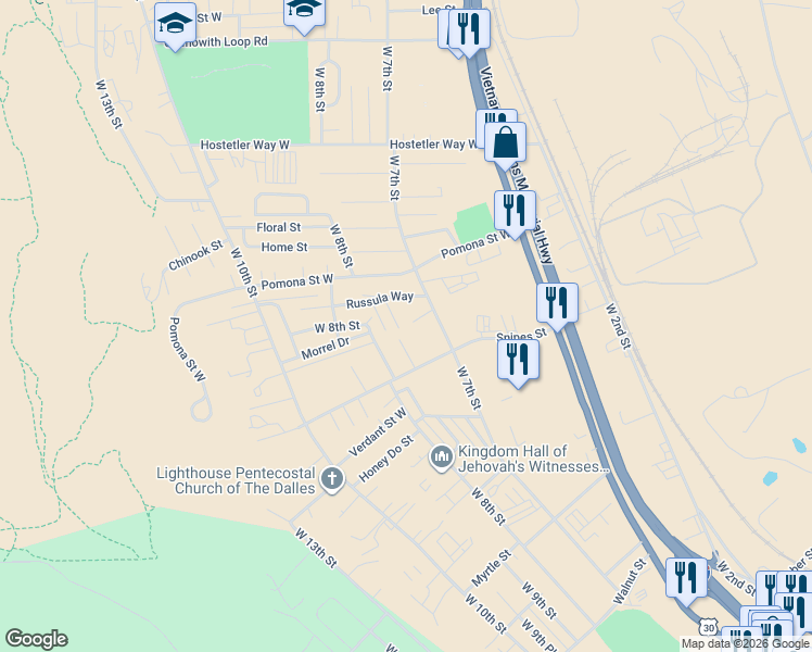 map of restaurants, bars, coffee shops, grocery stores, and more near 2830 West 7th Street in The Dalles