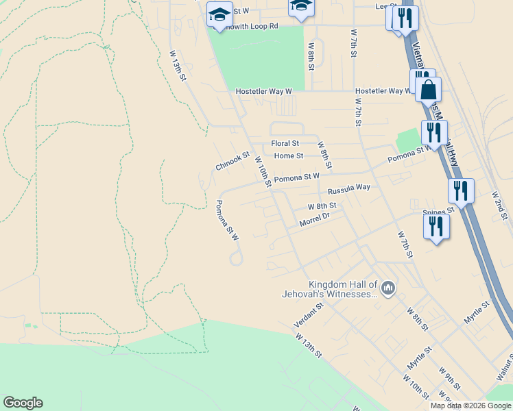 map of restaurants, bars, coffee shops, grocery stores, and more near 3016 West 10th Street in The Dalles