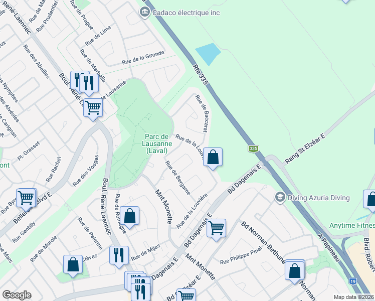 map of restaurants, bars, coffee shops, grocery stores, and more near 556 Croissant d'Athènes in Laval