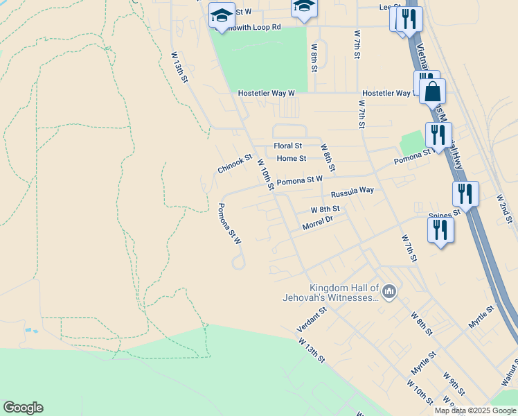 map of restaurants, bars, coffee shops, grocery stores, and more near 3016 West 10th Street in The Dalles