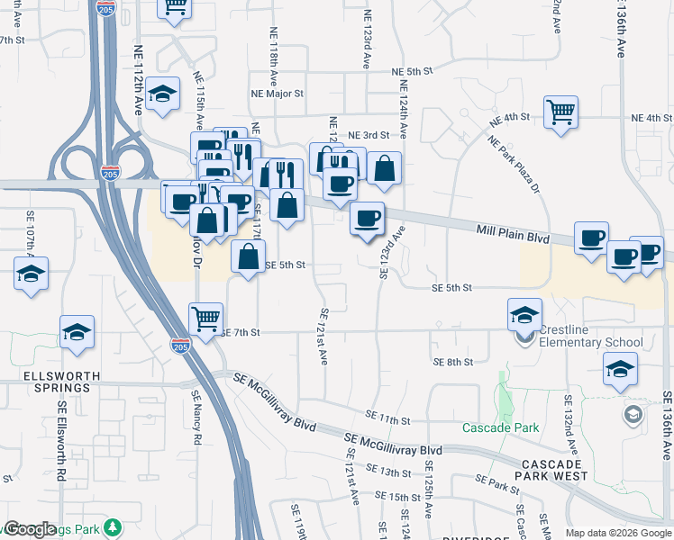 map of restaurants, bars, coffee shops, grocery stores, and more near 12045 Southeast 5th Street in Vancouver