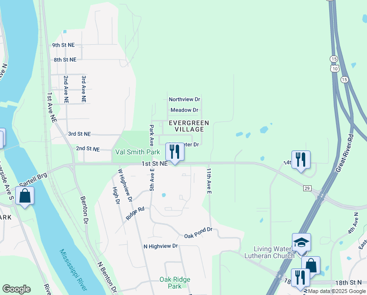 map of restaurants, bars, coffee shops, grocery stores, and more near 55 Perimeter Drive in Sartell