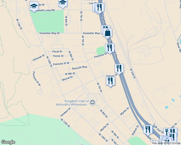 map of restaurants, bars, coffee shops, grocery stores, and more near 2830 West 7th Street in The Dalles