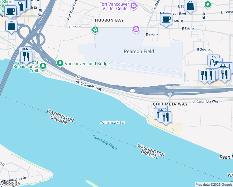 map of restaurants, bars, coffee shops, grocery stores, and more near 103 Southeast Columbia Way in Vancouver