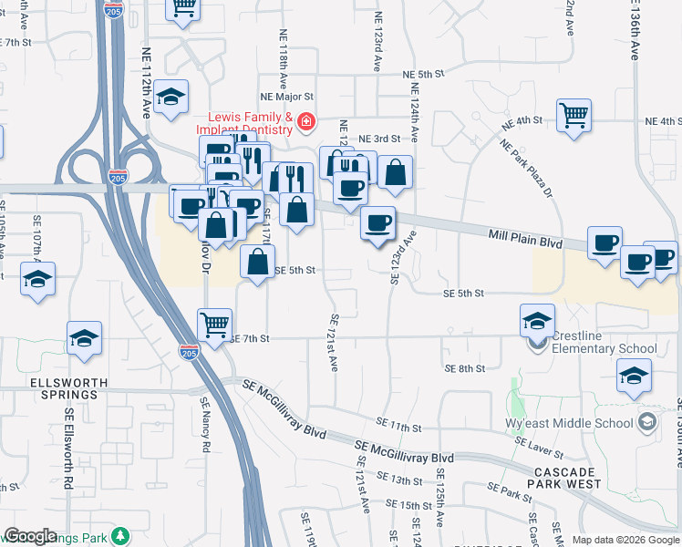 map of restaurants, bars, coffee shops, grocery stores, and more near 12005 Southeast Mill Plain Boulevard in Vancouver