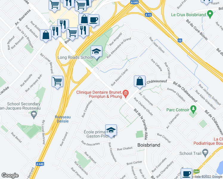 map of restaurants, bars, coffee shops, grocery stores, and more near 1547 Boulevard de la Grande Allée in Boisbriand