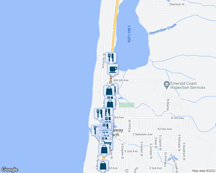 map of restaurants, bars, coffee shops, grocery stores, and more near 525 North Miller Street in Rockaway Beach
