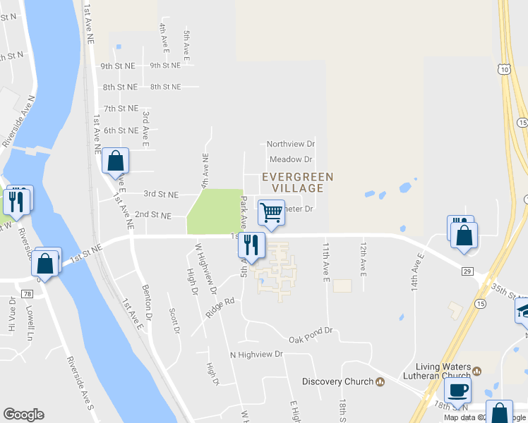 map of restaurants, bars, coffee shops, grocery stores, and more near 37 Perimeter Drive in Sartell