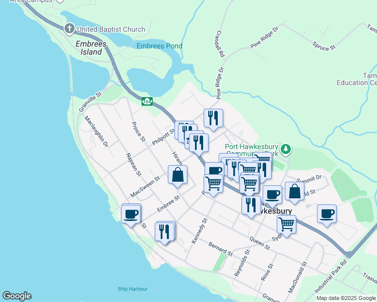 map of restaurants, bars, coffee shops, grocery stores, and more near 299 Reeves Street in Port Hawkesbury