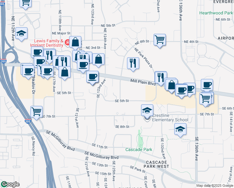 map of restaurants, bars, coffee shops, grocery stores, and more near 12420 Southeast 5th Street in Vancouver