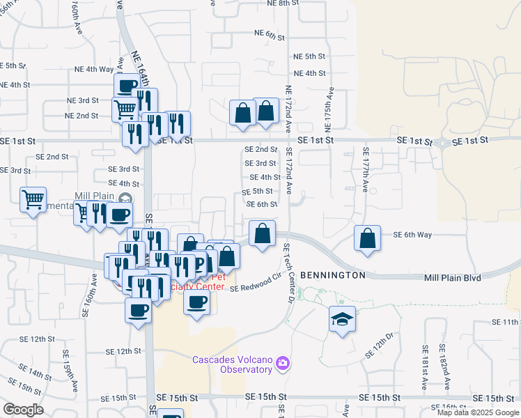 map of restaurants, bars, coffee shops, grocery stores, and more near 16915 Southeast 6th Street in Vancouver
