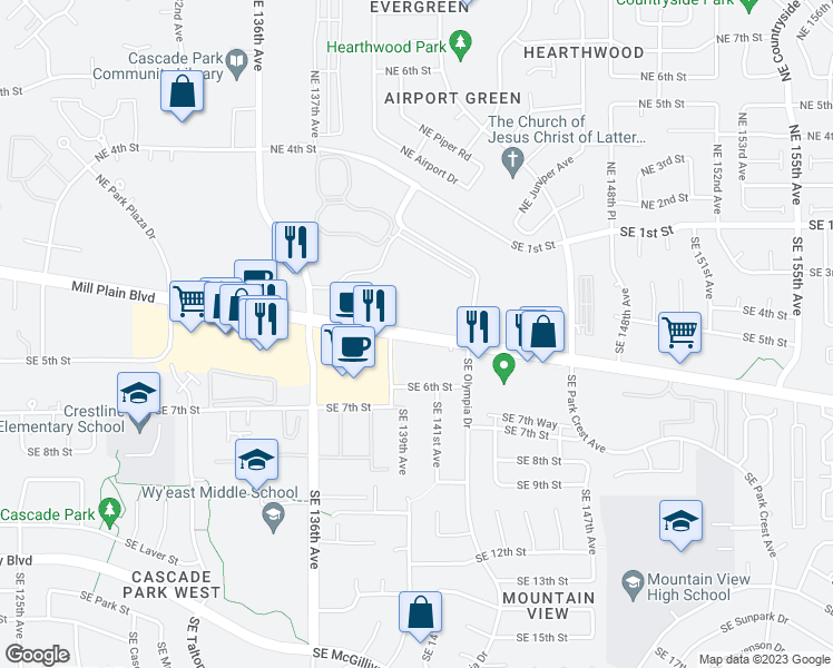 map of restaurants, bars, coffee shops, grocery stores, and more near 13810 Mill Plain Boulevard in Vancouver