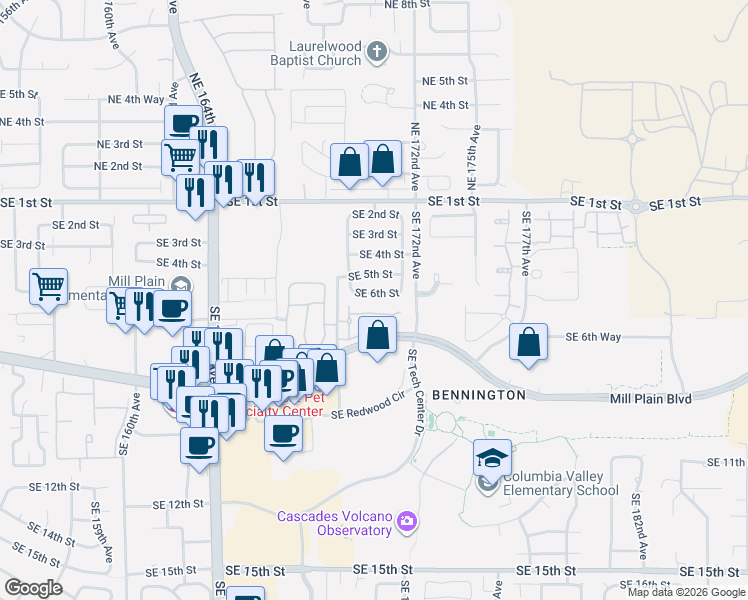 map of restaurants, bars, coffee shops, grocery stores, and more near 16915 Southeast 6th Street in Vancouver
