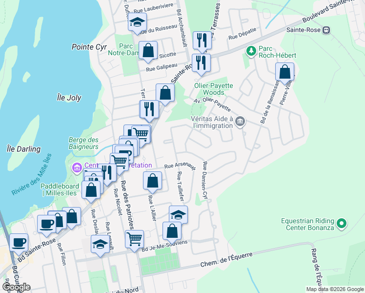 map of restaurants, bars, coffee shops, grocery stores, and more near 1303 Rue Armand-Auclair in Laval