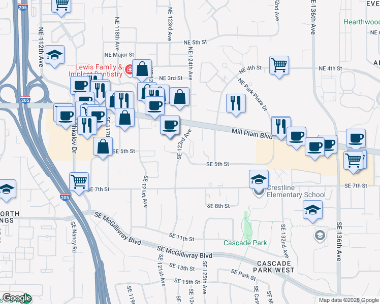 map of restaurants, bars, coffee shops, grocery stores, and more near 411 Southeast 123rd Avenue in Vancouver