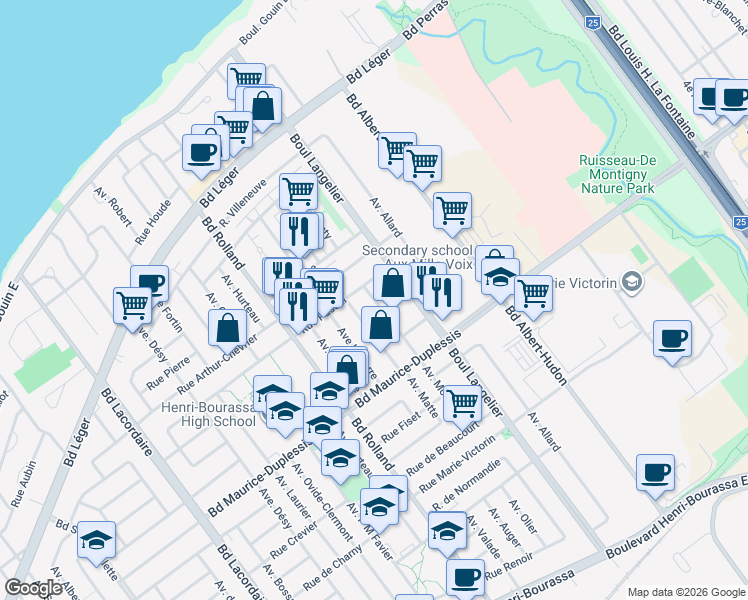 map of restaurants, bars, coffee shops, grocery stores, and more near Avenue Monty in Montréal
