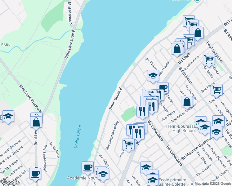 map of restaurants, bars, coffee shops, grocery stores, and more near 5701 Boulevard Gouin Est in Montréal