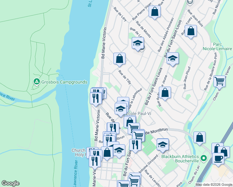 map of restaurants, bars, coffee shops, grocery stores, and more near 48 Rue Pierre-De Caumont in Boucherville