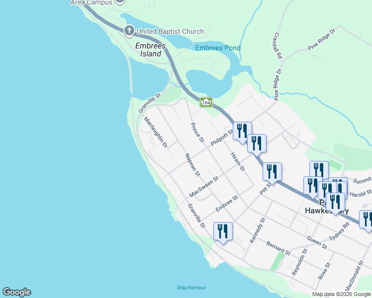 map of restaurants, bars, coffee shops, grocery stores, and more near 42 Napean Street in Port Hawkesbury
