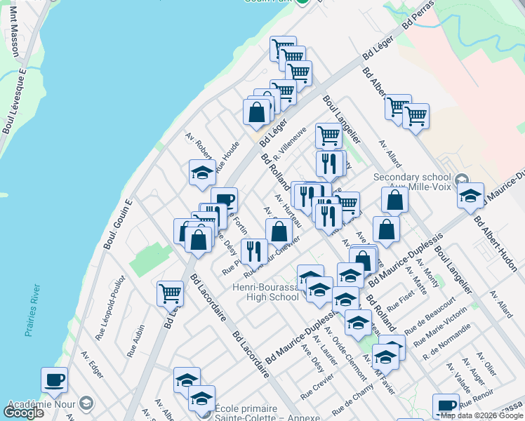 map of restaurants, bars, coffee shops, grocery stores, and more near 12372 Avenue Corbeil in Montréal