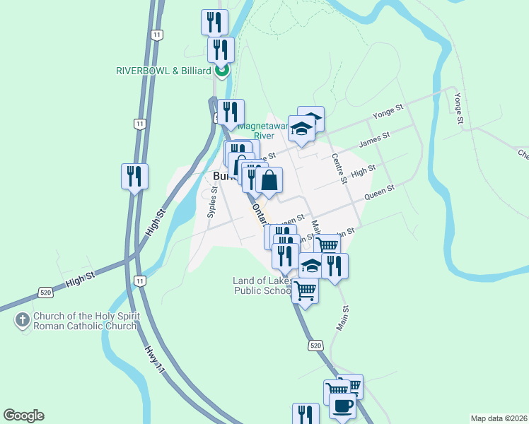 map of restaurants, bars, coffee shops, grocery stores, and more near 164 Ontario Street in Burk's Falls