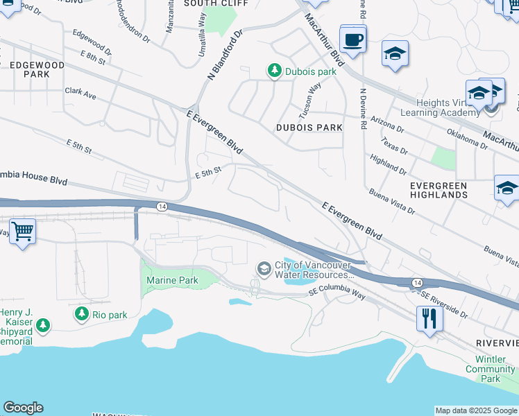 map of restaurants, bars, coffee shops, grocery stores, and more near 5001 Columbia View Drive in Vancouver