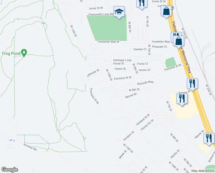 map of restaurants, bars, coffee shops, grocery stores, and more near 3016 West 10th Street in The Dalles