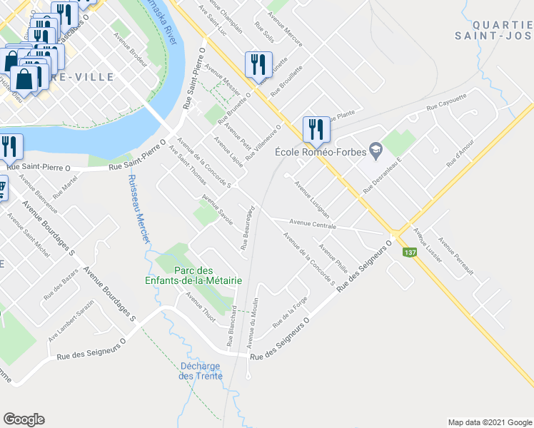 map of restaurants, bars, coffee shops, grocery stores, and more near 17168 Avenue de la Concorde Sud in Saint-Hyacinthe