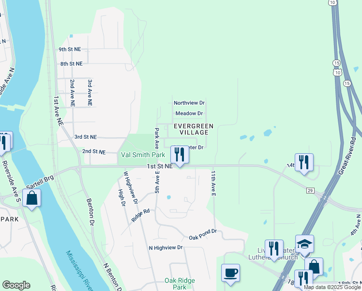 map of restaurants, bars, coffee shops, grocery stores, and more near 55 Perimeter Drive in Sartell