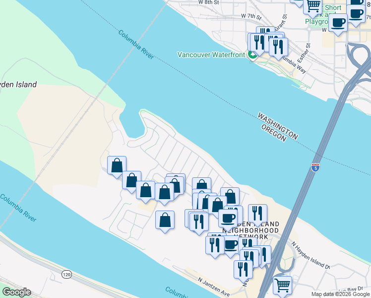 map of restaurants, bars, coffee shops, grocery stores, and more near 1503 North Hayden Island Drive in Portland