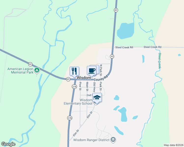 map of restaurants, bars, coffee shops, grocery stores, and more near 363-399 Highway 43 in Wisdom