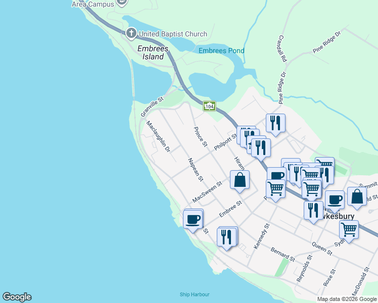 map of restaurants, bars, coffee shops, grocery stores, and more near 42 Napean Street in Port Hawkesbury