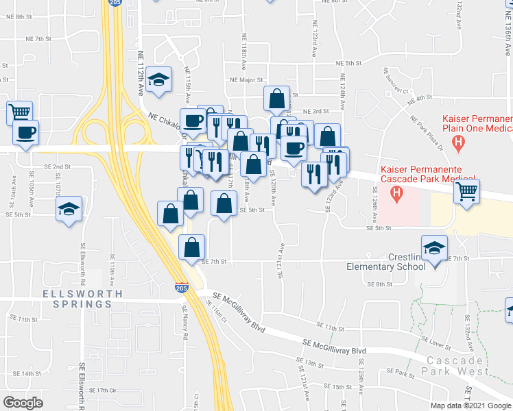 map of restaurants, bars, coffee shops, grocery stores, and more near 500 Southeast 121st Avenue in Vancouver