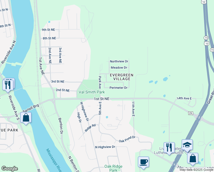 map of restaurants, bars, coffee shops, grocery stores, and more near 37 Perimeter Drive in Sartell