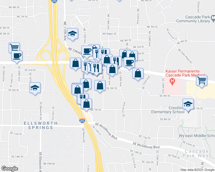 map of restaurants, bars, coffee shops, grocery stores, and more near 406 Southeast 118th Avenue in Vancouver